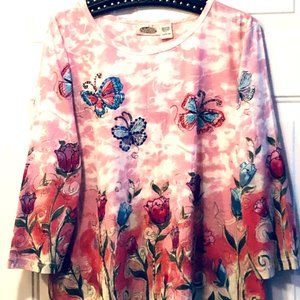 NEW Collections etc Womens Sz L Knit Top 3/4 Sleeve Multi Butterflies/Floral